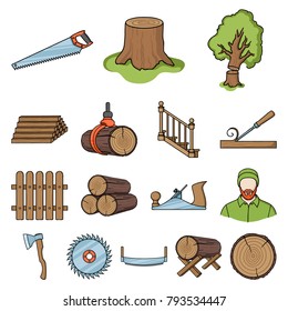 Sawmill and Timber cartoon icons in set collection for design. Hardware and Tools vector symbol stock web illustration.