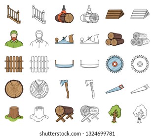 Sawmill and Timber cartoon,outline icons in set collection for design. Hardware and Tools vector symbol stock web illustration.