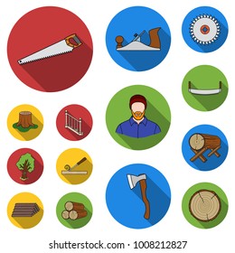 Sawmill and Timber flat icons in set collection for design. Hardware and Tools vector symbol stock web illustration.