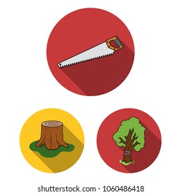 Sawmill and Timber flat icons in set collection for design. Hardware and Tools vector symbol stock web illustration.