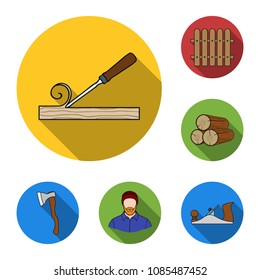 Sawmill and Timber flat icons in set collection for design. Hardware and Tools vector symbol stock web illustration.