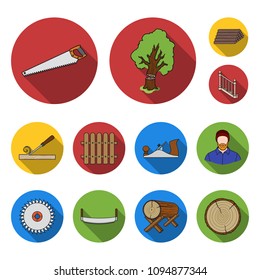 Sawmill and Timber flat icons in set collection for design. Hardware and Tools vector symbol stock web illustration.