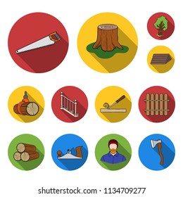 Sawmill and Timber flat icons in set collection for design. Hardware and Tools vector symbol stock web illustration.