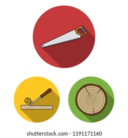 Sawmill and Timber flat icons in set collection for design. Hardware and Tools vector symbol stock web illustration.