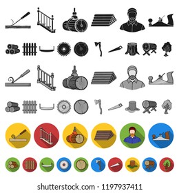 Sawmill and Timber flat icons in set collection for design. Hardware and Tools vector symbol stock web illustration.
