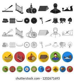 Sawmill and Timber flat icons in set collection for design. Hardware and Tools vector symbol stock web illustration.