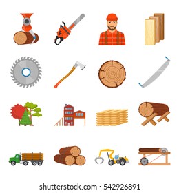 Sawmill timber flat isolated icons set with professional equipment tools and goods images on blank background vector illustration