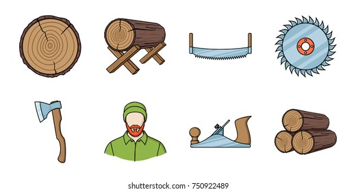 Sawmill and Timber icons in set collection for design. Hardware and Tools vector symbol stock  illustration.