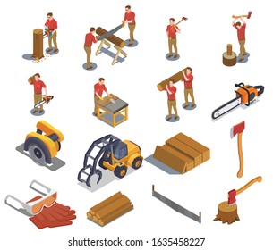 Sawmill timber mill lumberjack isometric set with isolated human characters and icons of tools professional instruments vector illustration