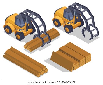 Sawmill timber mill lumberjack isometric composition with isolated images of industrial loaders manipulator vehicles and wood vector illustration