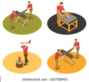 Sawmill timber mill lumberjack isometric set of four isolated compositions with characters of workers with wood vector illustration