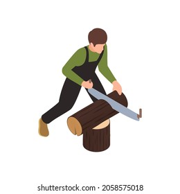 Sawmill timber mill lumberjack isometric composition with male character cutting wood with saw vector illustration