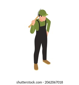 Sawmill timber mill lumberjack isometric composition with man holding hatch on his shoulder vector illustration