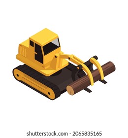 Sawmill timber mill lumberjack isometric composition with isolated image of bulldozer moving wood trunk vector illustration