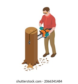 Sawmill timber mill lumberjack isometric composition with human character of man cutting tree trunk with chain saw vector illustration