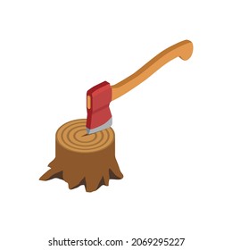 Sawmill timber mill lumberjack isometric composition with isolated image of stub with axe vector illustration