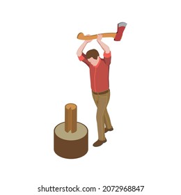 Sawmill timber mill lumberjack isometric composition with human character raising hands with axe on wood piece standing on stub vector illustration