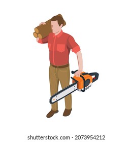 Sawmill timber mill lumberjack isometric composition with character of man carrying wood and chain saw vector illustration