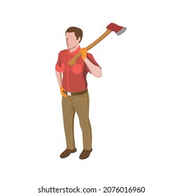 Sawmill timber mill lumberjack isometric composition with male character carrying axe on his shoulder vector illustration