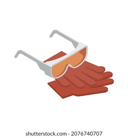 Sawmill timber mill lumberjack isometric composition with images of professional gloves with protective glasses vector illustration