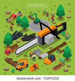 Sawmill timber mill lumberjack isometric composition with the abstract concept of logging process vector illustration