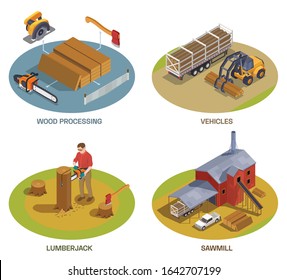 Sawmill timber mill lumberjack set of four isolated compositions with text and landmarks with vehicles tools vector illustration