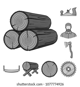 Sawmill and Timber monochrome icons in set collection for design. Hardware and Tools vector symbol stock web illustration.