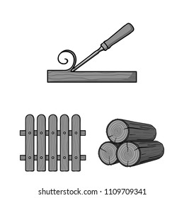 Sawmill and Timber monochrome icons in set collection for design. Hardware and Tools vector symbol stock web illustration.