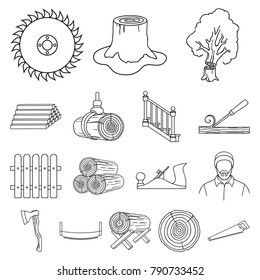 Sawmill and Timber outline icons in set collection for design. Hardware and Tools vector symbol stock web illustration.