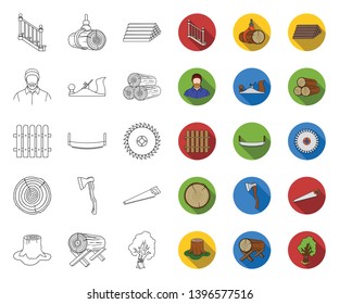 Sawmill and Timber outline,flat icons in set collection  design. Hardware and Tools vector symbol stock web illustration.