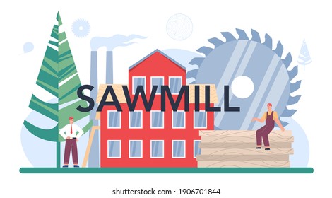 Sawmill typographic header. Frame saw operator as a forestry production line. Wood industry, sawing process control. Logging and woodworking process. Isolated flat vector illustration