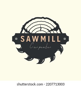 diseño de la ilustración vectorial del logotipo vintage sawmill. concepto de logotipo de carpintero o madera