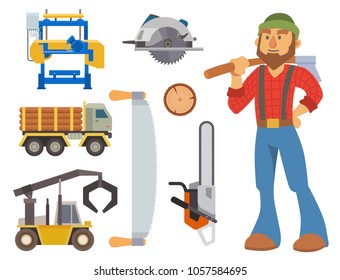 Sawmill woodcutter character logging equipment lumber machine industrial wood timber forest vector illustration.