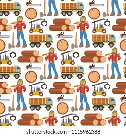 Sawmill woodcutter character logging equipment lumber machine industrial wood timber forest seamless pattern background vector illustration.