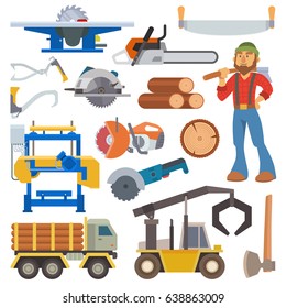 Sawmill woodcutter character logging equipment lumber machine industrial wood timber forest vector illustration.