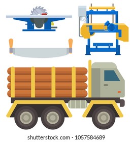 Sawmill woodcutter tools logging equipment lumber machine industrial wood timber forest vector illustration.