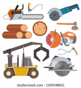 Sawmill woodcutter tools logging equipment lumber machine industrial wood timber forest vector illustration.