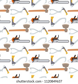 Sawmill woodcutter tools logging equipment lumber machine industrial wood timber forest seamless pattern background vector illustration.