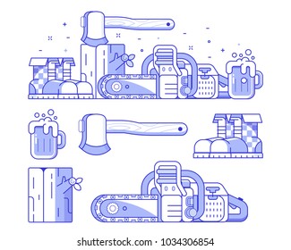 Sawmill and woodcutting icons in line art. Forestry and tree surgeon banner. Lumberjack lifestyle equipment and items. Chainsaw, woodcutter boots, log and hatchet. Professional logger tools icon set.