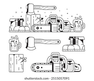 Sawmill and woodcutting icons in line art. Forestry and tree surgeon scene. Lumberjack lifestyle equipment and items. Chainsaw, woodcutter boots, log and hatchet. Professional logger tools icon set.