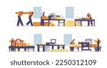 Sawmill woodworking facility house with workers set of flat vector illustrations isolated on white background. Sawmill factory and woodcutting industry.