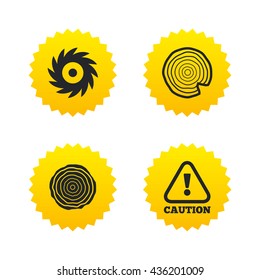 Sawmill or woodworking factory signs. Yellow stars labels with flat icons. Vector