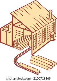Sawmill, woodworking, logs, wood railroad, timber storage, wooden house. Vector illustration in flat and line style isolated on white background. For posters, cards and banners.