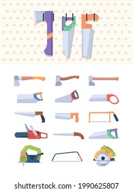 Sawmills tools. Professional axe collections and steel saws manual and circulars garish vector set