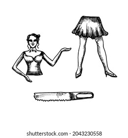 sawn woman without eyes smiles and a saw - vector drawing in the style of engraving. two halves of the body of a circus woman and an old-fashioned saw. halloween circus illustration 