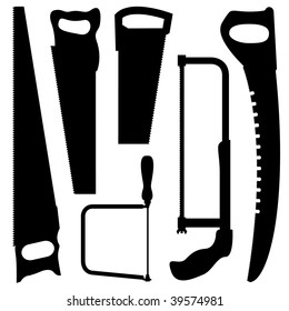 Saws in vector format.  Tool set includes handsaws, hacksaws, jigsaws, and several wood saws.  Illustration includes incredible detail of serrated blades.