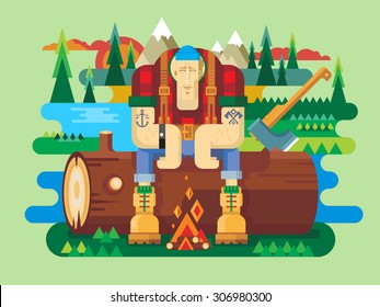 Sawyer sitting on log. Worker and lumberjack, forester man, flat vector illustration