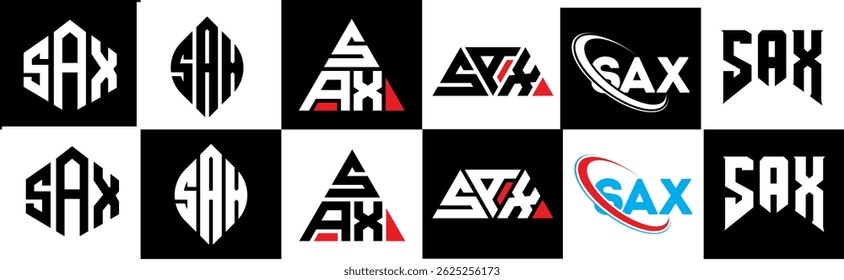 Projeto do logotipo da letra SAX em estilo seis. Polígono SAX, círculo, triângulo, hexágono, estilo simples e plano com logotipo de letra de variação de cor preto e branco definido em uma prancheta. Logotipo minimalista e clássico SAX