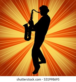 sax musician silhouette on the vintage background - vector