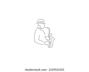 Sax player in line art drawing style. Composition of a musician playing. Black linear sketch isolated on white background. Vector illustration design.